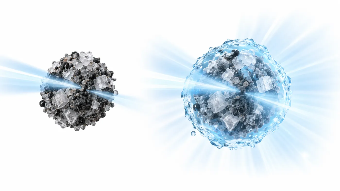 Conceptual comparison of a dry aerosol particle and the same particle after water uptake