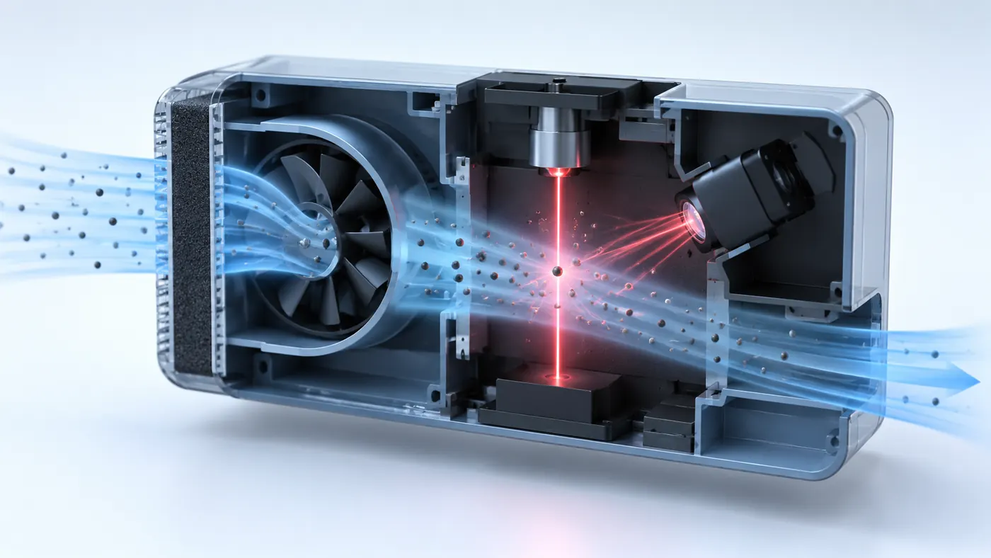 Conceptual optical particle chamber showing an air path and light-scattering event