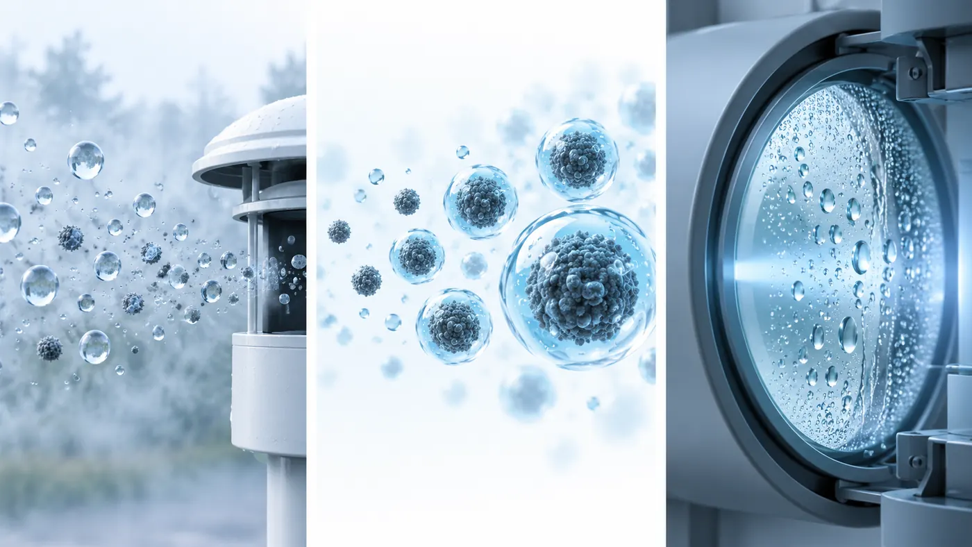 Conceptual comparison of fog droplets, water-coated particles and condensation at an inlet