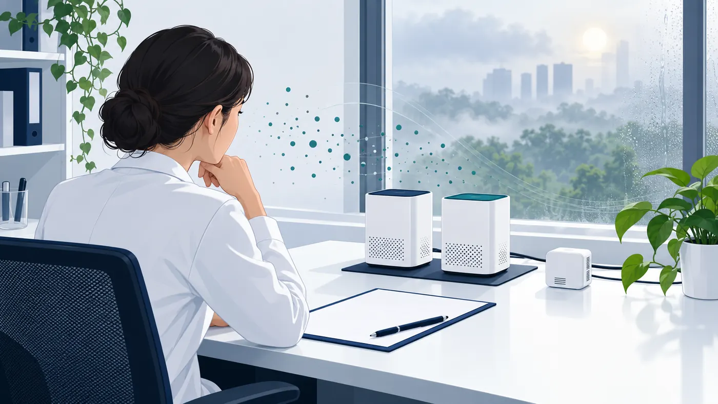 Conceptual analyst reviewing two co-located monitors and a humidity record