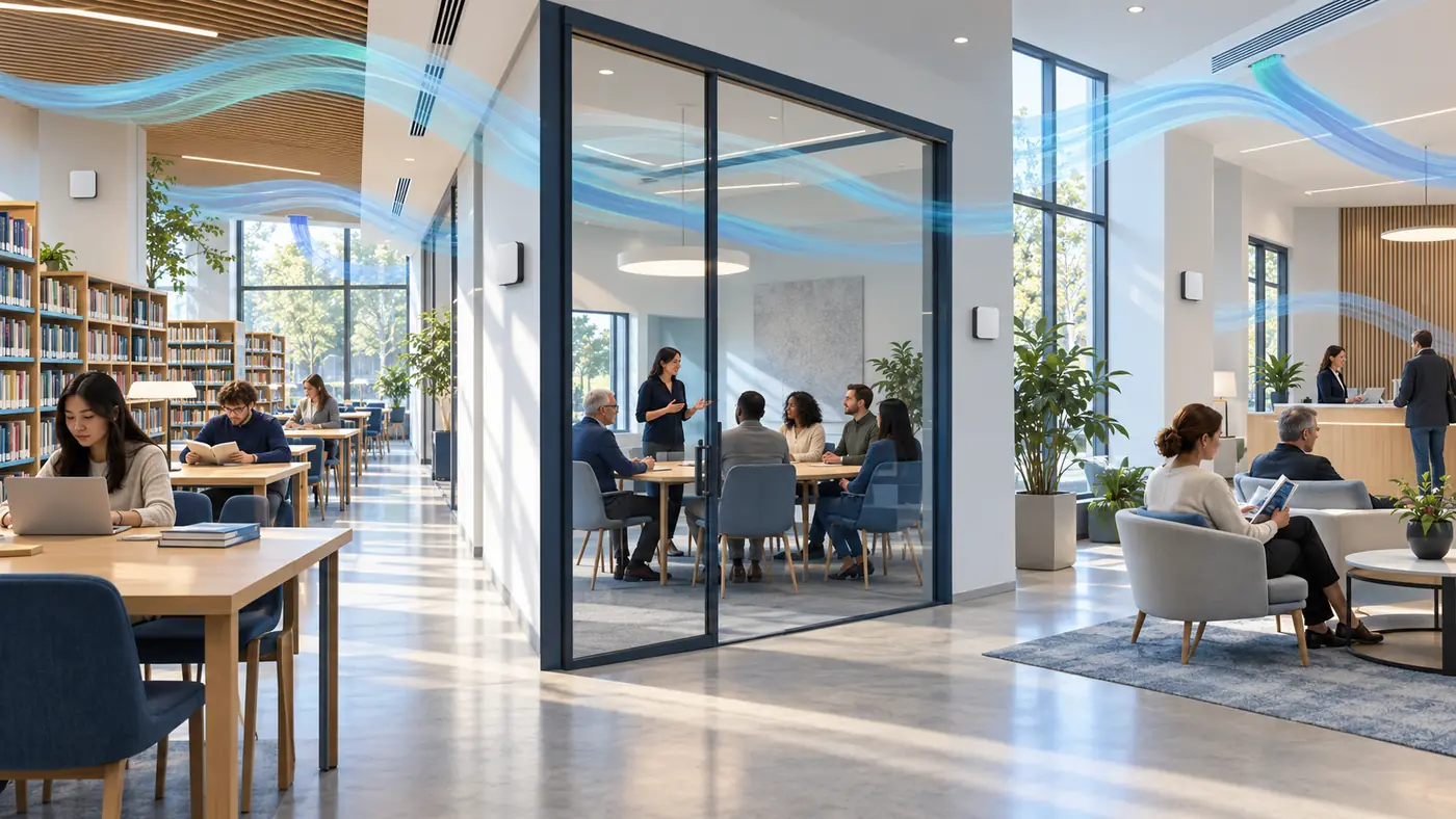 Conceptual library, meeting room and waiting area with separate indoor-air monitoring points
