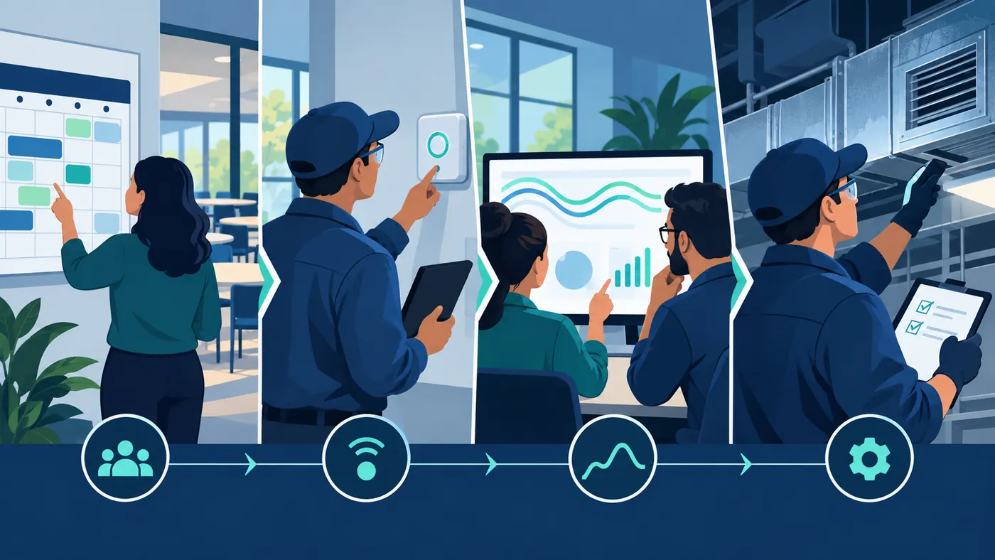 Paylaşılan İç Mekanlarda IAQ İzleme Nasıl Planlanır 5ibe kadar kavramsal tesis iş akışı Conceptual facility workflow from room-use question to measurement, investigation and follow-up