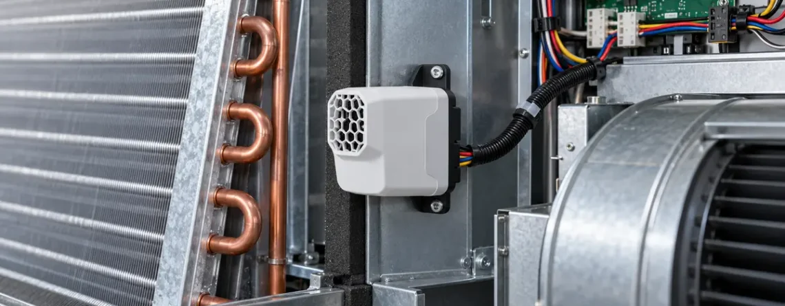 整合在 HVAC 室內盤管附近的概念性冷媒檢測模組