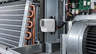 Conceptual refrigerant detection module integrated near an HVAC indoor coil