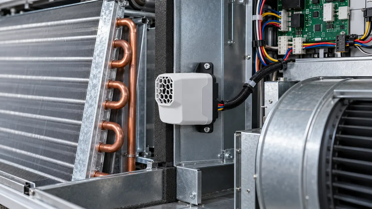 Conceptual refrigerant detection module integrated near an HVAC indoor coil