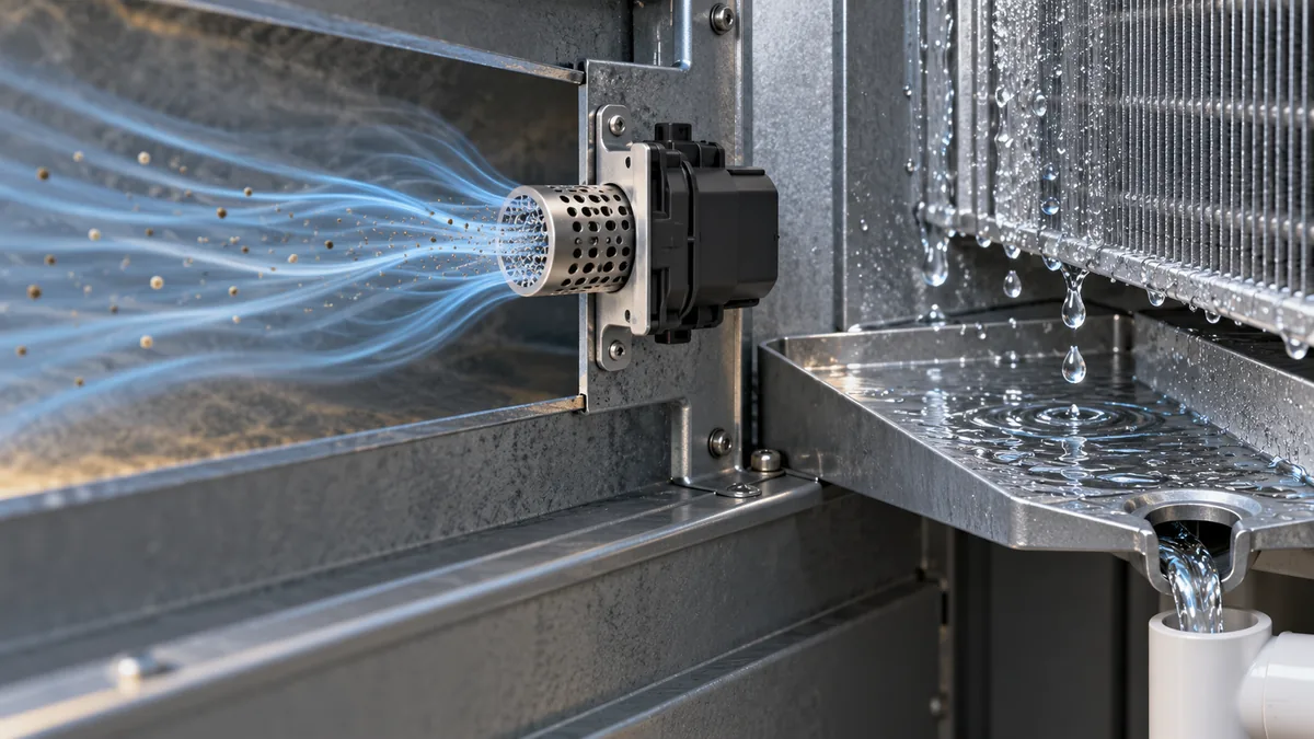 How Should a Refrigerant Detection Module Be Integrated into HVAC Equipment? 2 Conceptual sensor inlet near HVAC airflow with condensate directed away