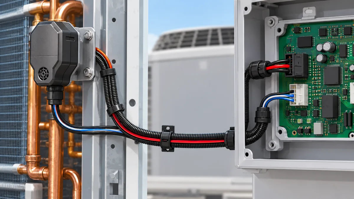 How Should a Refrigerant Detection Module Be Integrated into HVAC Equipment? 3 Conceptual refrigerant module cable harness, power supply and controller interface