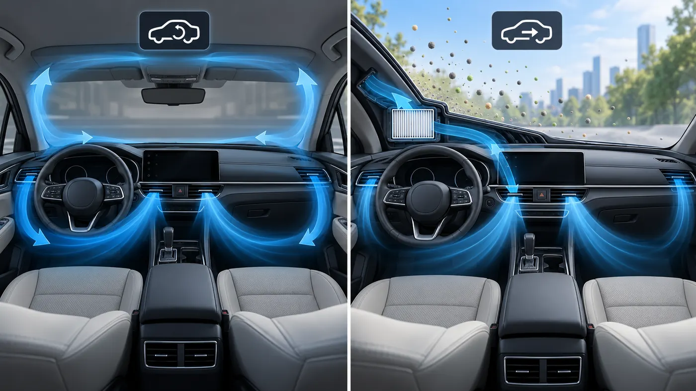 Conceptual comparison of recirculated cabin air and air brought in through an exterior intake