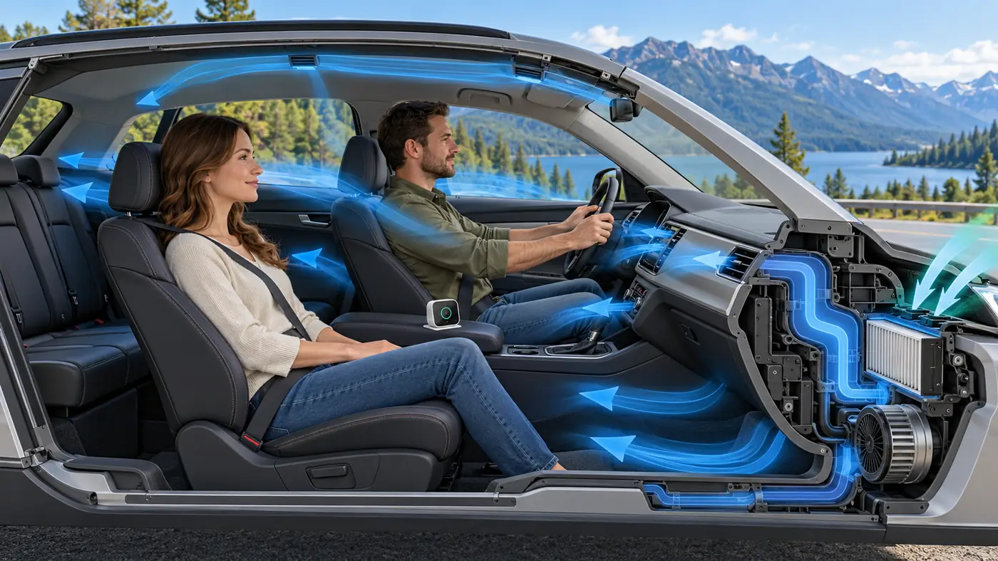 Conceptual occupied passenger-car cabin with a discreet CO2 monitor and HVAC airflow