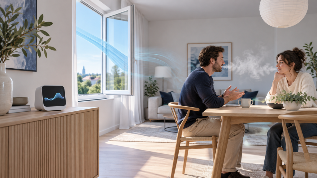 Phòng khách có người ở với máy theo dõi CO2 và không khí ngoài trời đi vào cửa sổ Occupied living room with a CO2 monitor and outdoor air entering a window