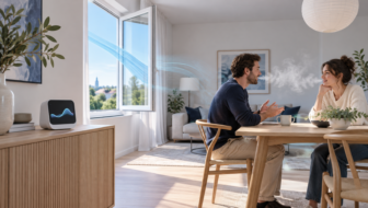 室内空気質計 28れ、窓から外気が入ってくるリビング ルーム Occupied living room with a CO2 monitor and outdoor air entering a window