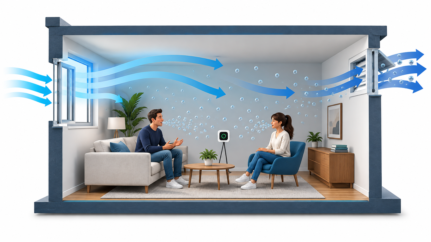 Conceptual room air balance showing occupants, outdoor-air supply, air leaving the room and a monitor sampling mixed air