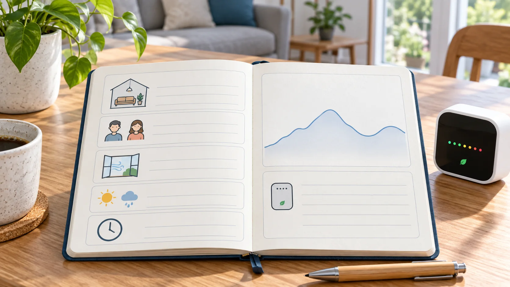 A conceptual weeklong home CO2 observation journal with room, occupancy and ventilation-state fields