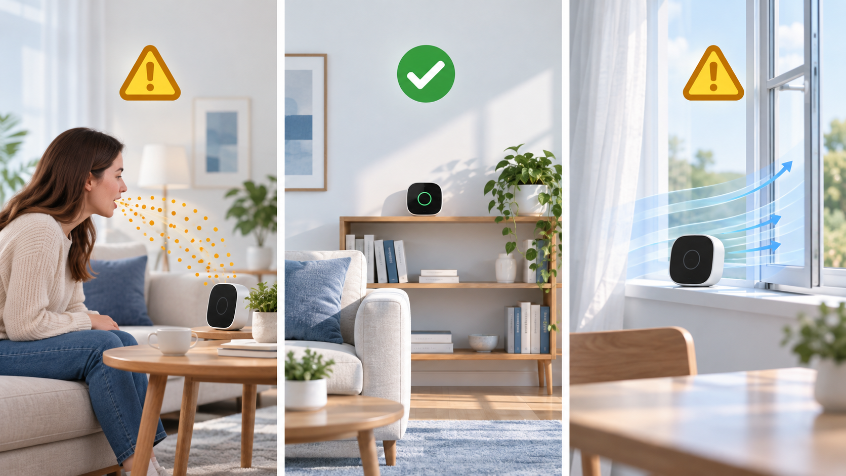 Three conceptual CO2 monitor positions: direct breath, representative room shelf and direct window airstream