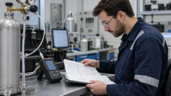 Calibration engineer reviewing gas sensor records and reference equipment