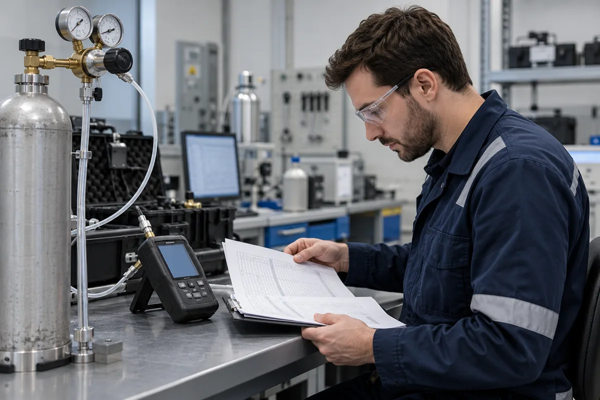 Calibration engineer reviewing gas sensor records and reference equipment