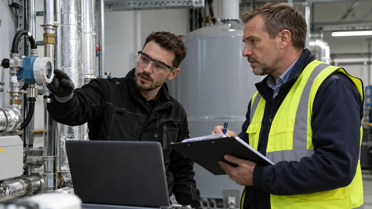 Technician and facility engineer reviewing a calibration handover at installed equipment