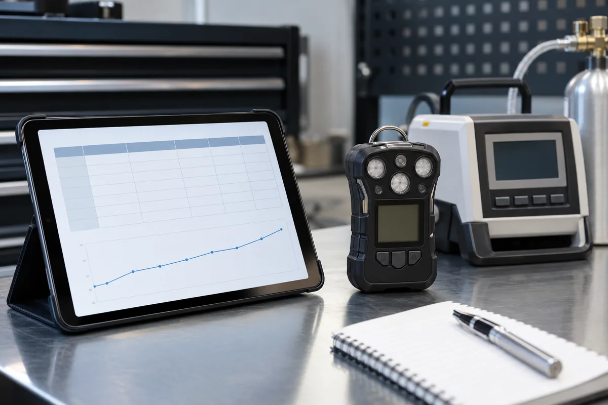 Tablet with structured as-found and as-left calibration record beside detector