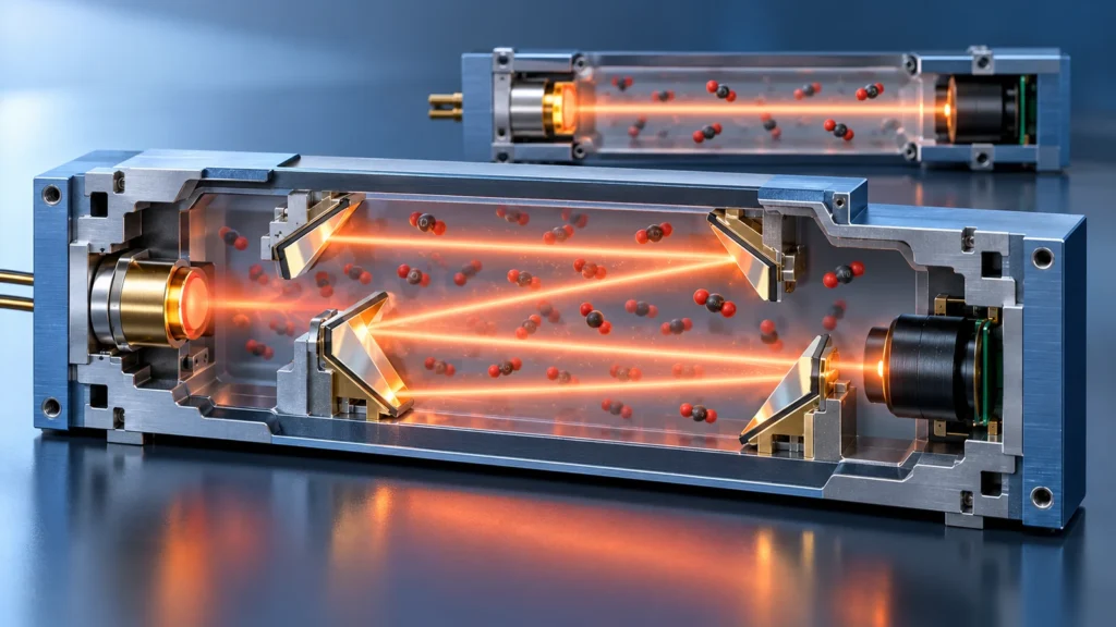 Caminhos infravermelhos retos e dobrados dentro de células compactas de detecção de CO2 Straight and folded infrared paths inside compact CO2 sensing cells