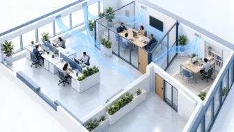 Conceptual office with CO2 monitoring locations across occupied areas