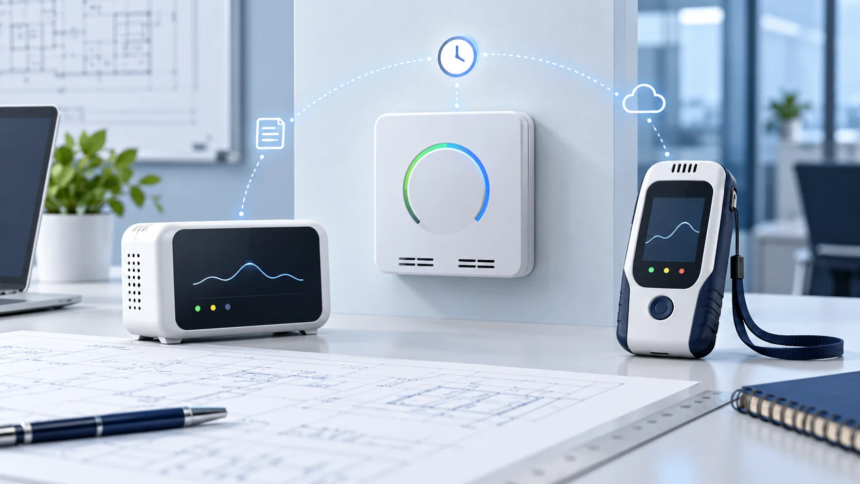 How to Plan CO2 Monitor Placement in an Office 4 Generic portable, wall and desktop CO2 instruments illustrating different monitoring roles