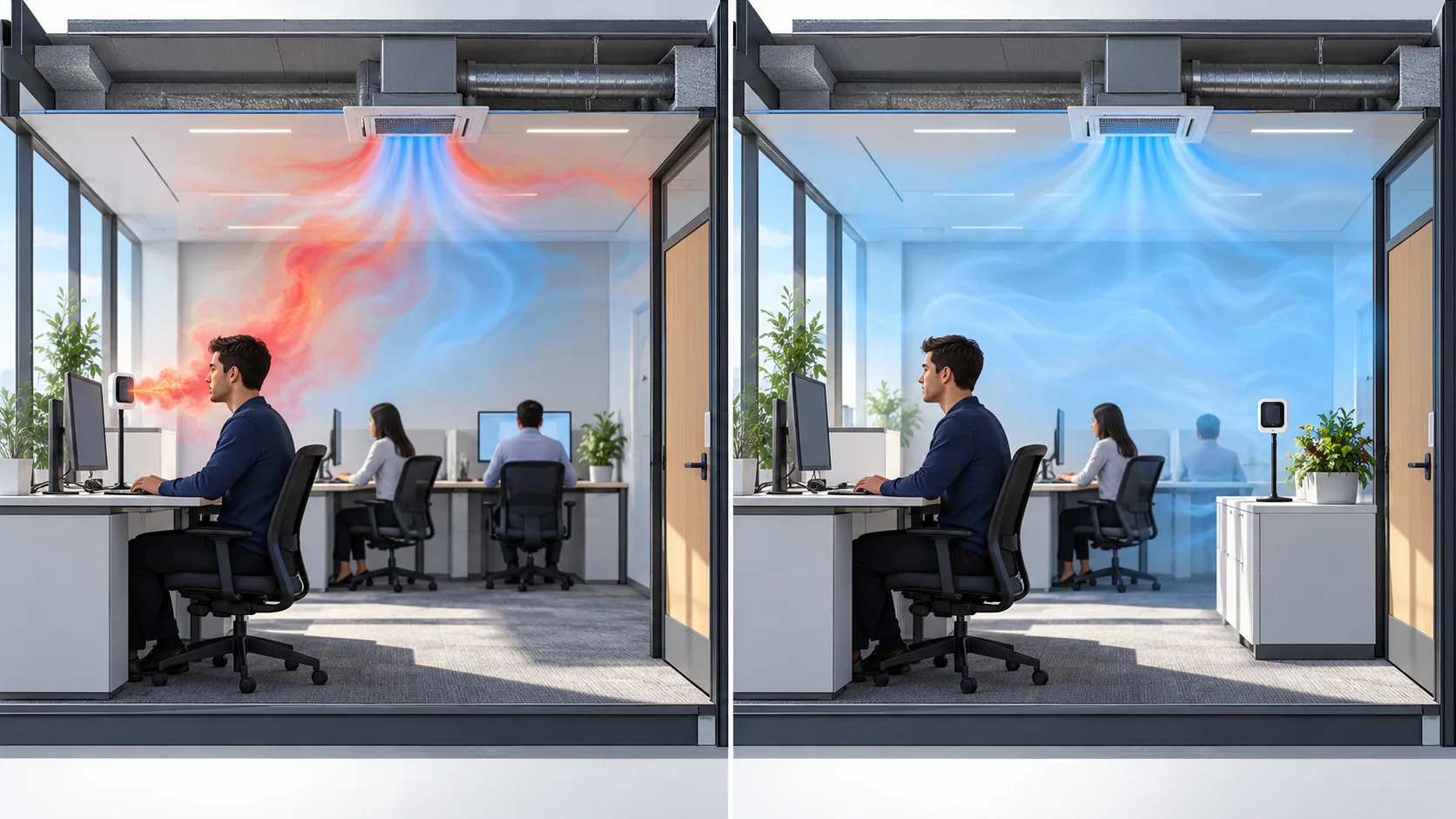 How to Plan CO2 Monitor Placement in an Office 3 Conceptual comparison of a CO2 monitor beside a breath plume and one positioned to sample a representative occupied area