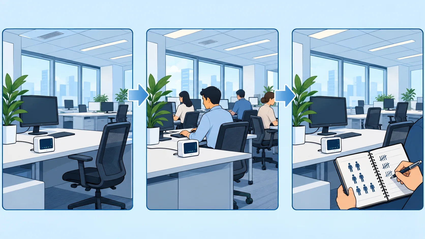 How to Plan CO2 Monitor Placement in an Office 5 Conceptual sequence of an empty-office baseline, an occupied period and a repeat survey with an event notebook