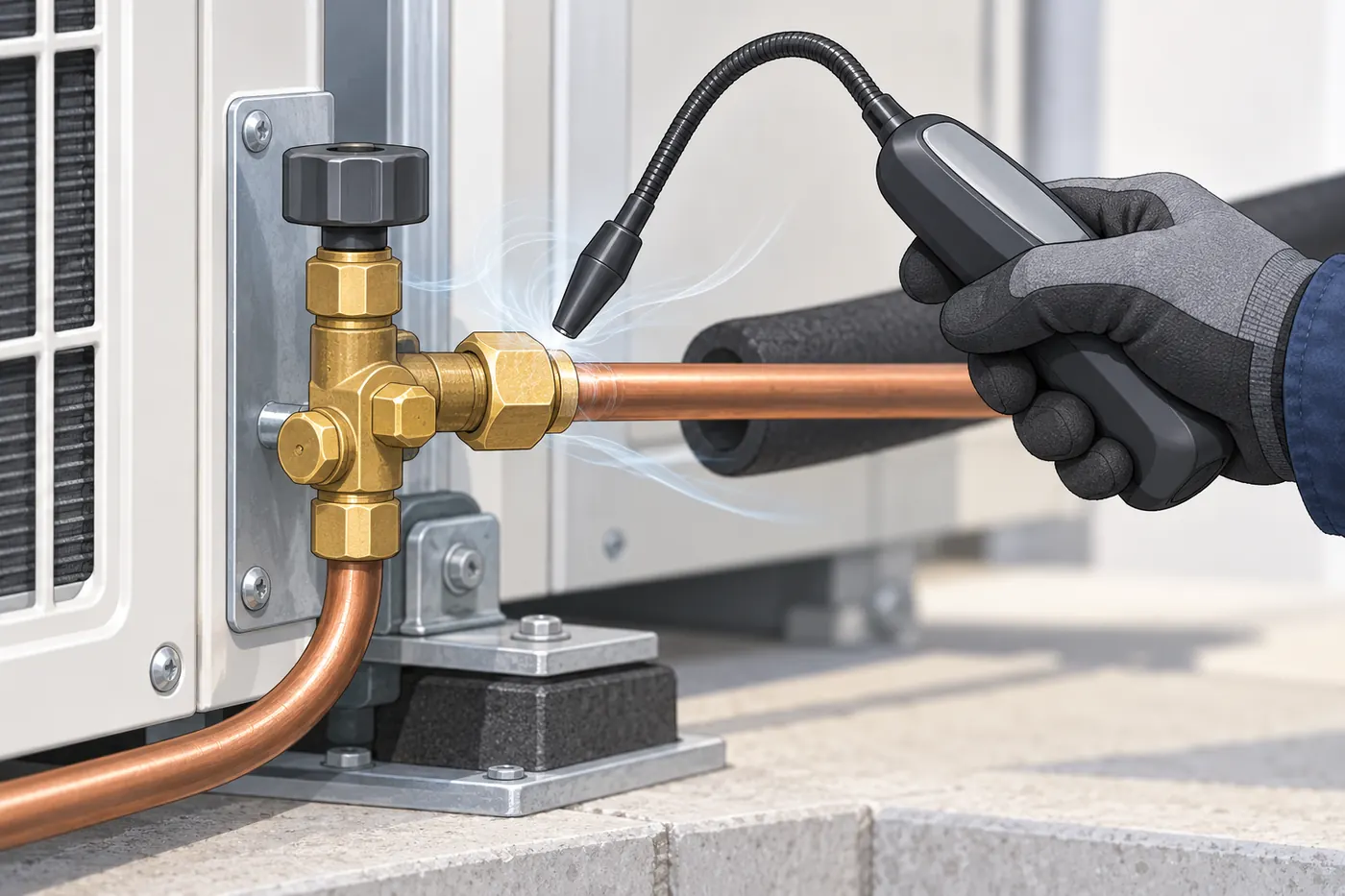 Conceptual handheld probe examining a refrigeration connection