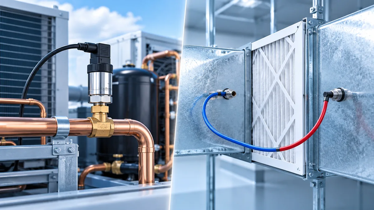 Which Pressure Readings Actually Help Diagnose an HVAC System? 2 Conceptual comparison of a sealed refrigerant pressure transducer and a separate duct differential-pressure sensor
