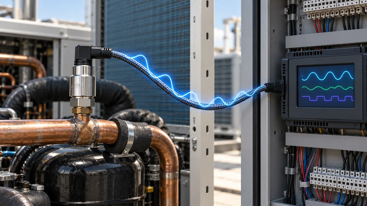 Which Pressure Readings Actually Help Diagnose an HVAC System? 4 Conceptual pressure transducer, cable and controller signal path in HVAC equipment