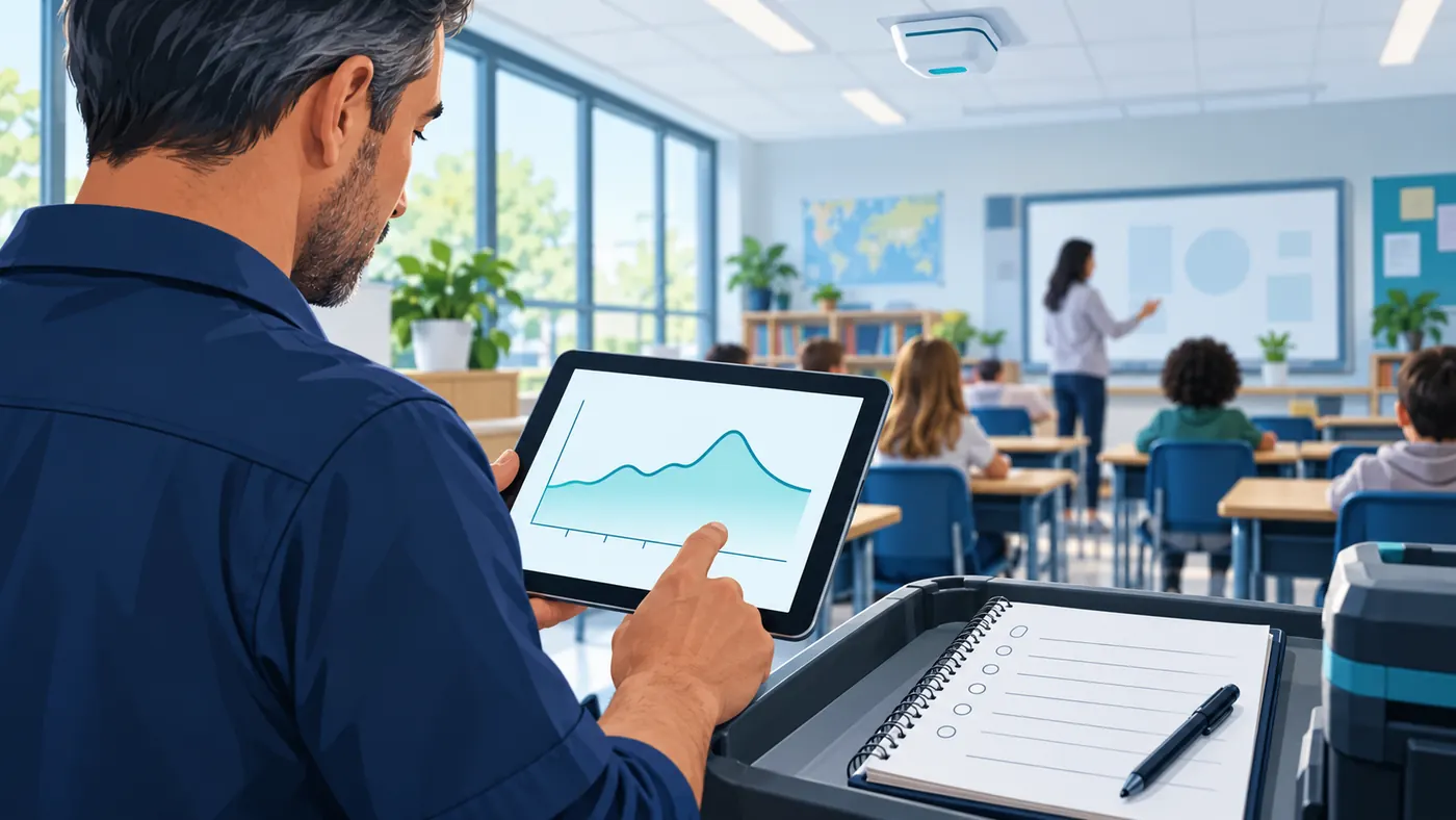 How to Interpret Classroom CO2 Readings for Ventilation 4 Conceptual facilities review of a classroom trend beside an event notebook