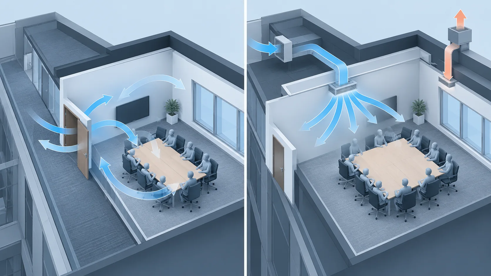 How to Read a Meeting Room CO2 Trend Against Occupancy 4 Conceptual difference between interior-door mixing and a designed outdoor-air supply with exhaust
