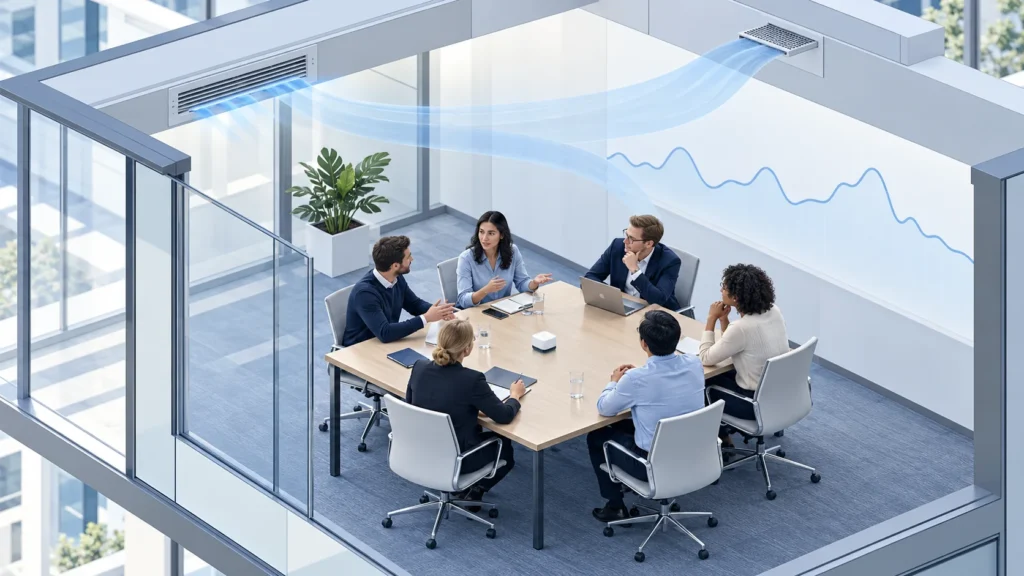 How to Read a Meeting Room CO2 Trend Against Occupancy 11 Conceptual occupied meeting room with a CO2 logger and time-trend motif