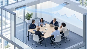 Conceptual occupied meeting room with a CO2 logger and time-trend motif