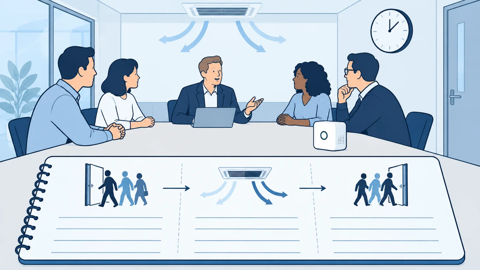 How to Read a Meeting Room CO2 Trend Against Occupancy 2 Conceptual meeting event log with entry, ventilation change and departure recorded alongside a room monitor