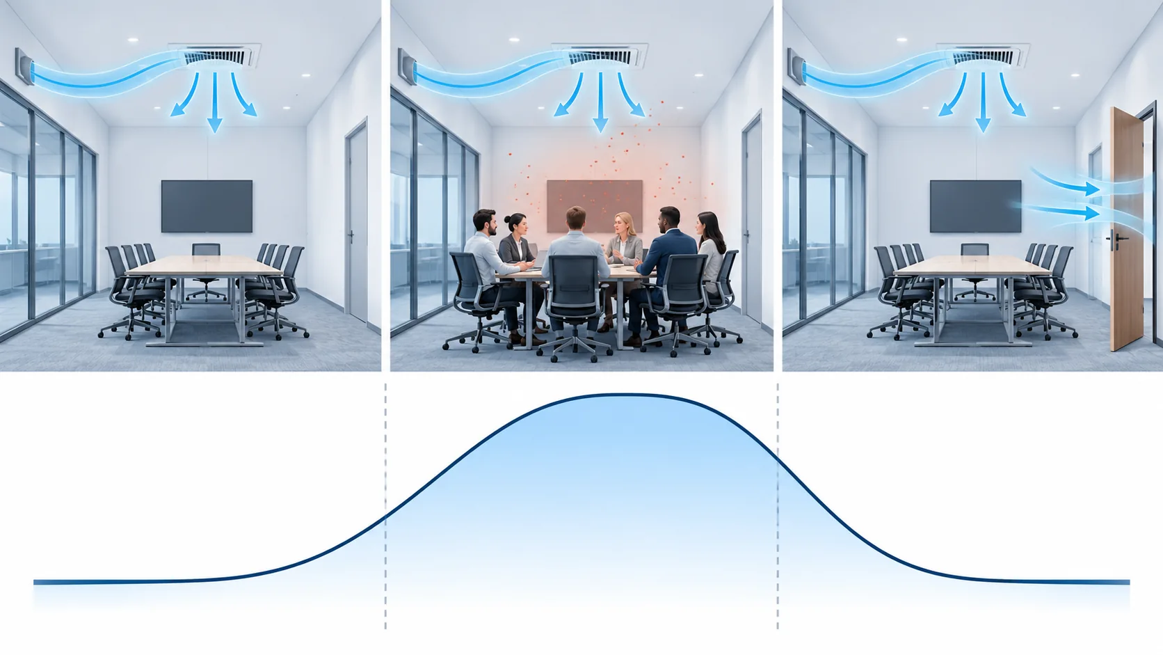 How to Read a Meeting Room CO2 Trend Against Occupancy 3 Conceptual pre-meeting, occupied and post-meeting phases with an unlabeled illustrative curve