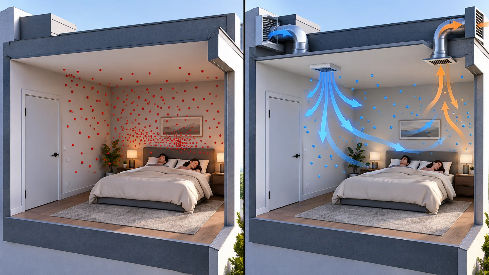 How to Read an Overnight Bedroom CO2 Log 5 Conceptual bedroom comparison between little air exchange and a designed outdoor-air supply and exhaust path