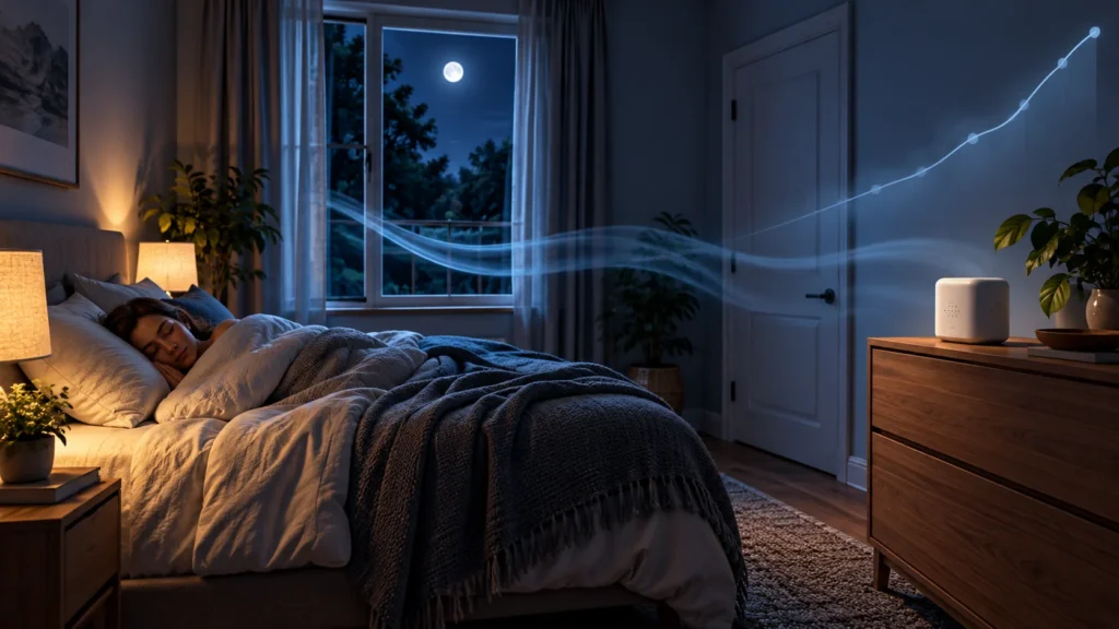 Phòng ngủ ban đêm với máy ghi CO2 cách xa giường ngủ và xu hướng khái niệm đang lên Night bedroom with CO2 logger away from sleeper and conceptual rising trend