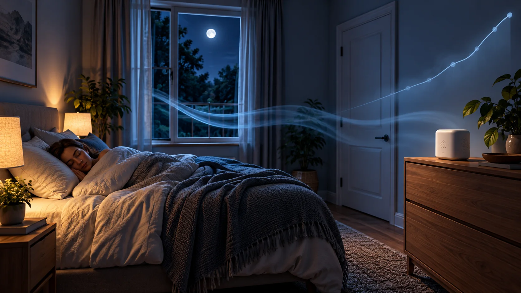 Night bedroom with CO2 logger away from sleeper and conceptual rising trend