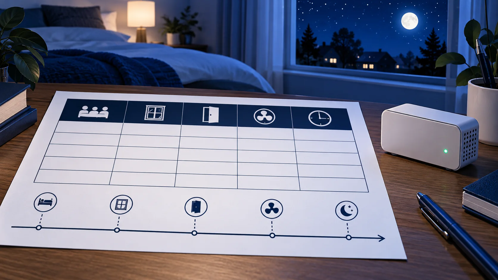 How to Read an Overnight Bedroom CO2 Log 4 A blank overnight bedroom CO2 observation log with occupancy, opening and ventilation fields