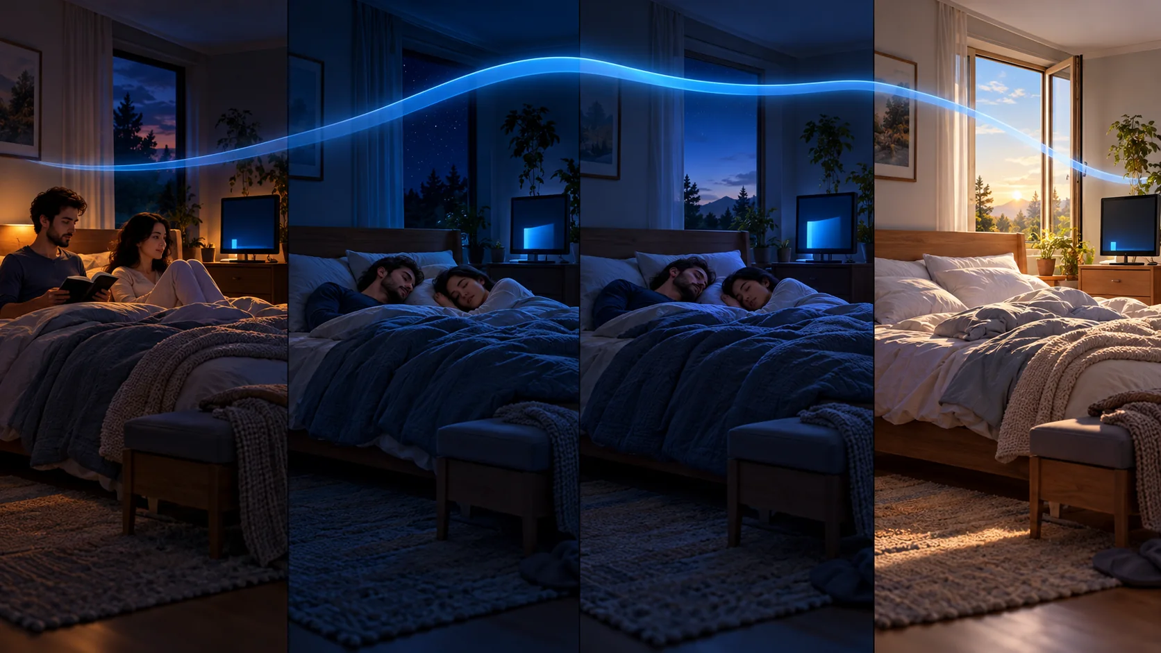 How to Read an Overnight Bedroom CO2 Log 3 Four conceptual phases of an overnight bedroom CO2 trace, from bedtime through morning, without measured values