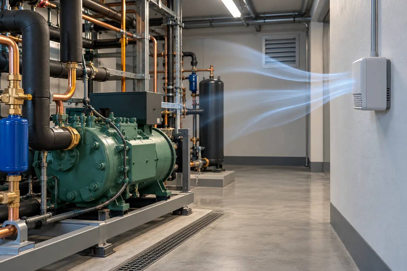Refrigerant Identification vs Concentration Measurement: Which Test Do You Need? 3 Conceptual wall-mounted detector sampling ambient machinery-room air