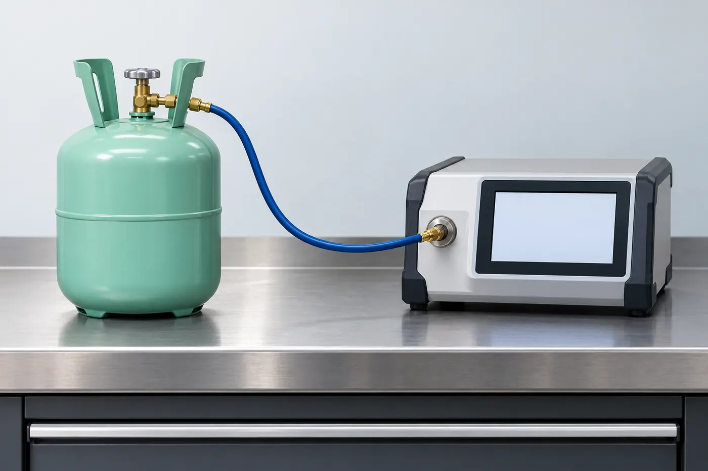 Refrigerant Identification vs Concentration Measurement: Which Test Do You Need? 2 Conceptual cylinder sample connected to a bench-top refrigerant identifier