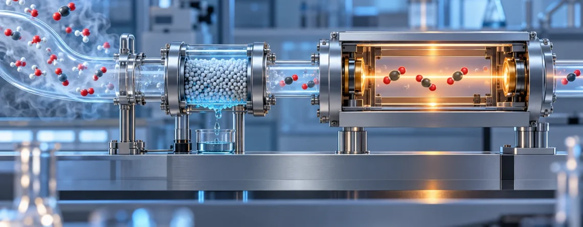 Konzeptioneller Probenweg für feuchte Gase mit Trocknungsstufe und Infrarot-CO2-Analysator