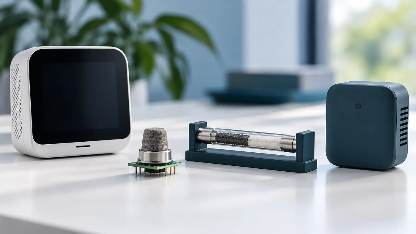 How to Read TVOC and VOC Index Values on Air Quality Monitors 2 Conceptual comparison of a room monitor, a sensor module, a gas-sampling instrument and a laboratory sample tube