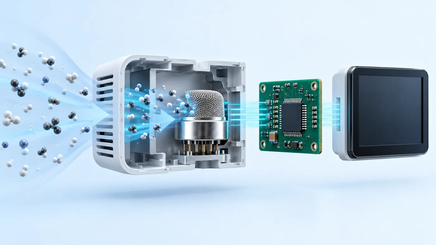How to Read TVOC and VOC Index Values on Air Quality Monitors 3 Conceptual path from a VOC-sensitive element through electronics and software to a blank display