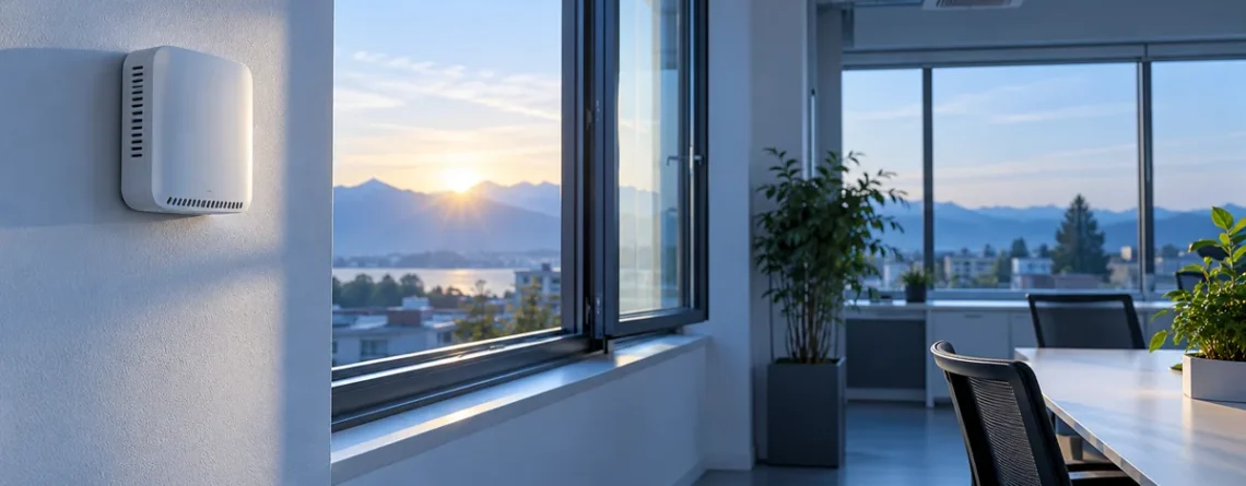 Wall-mounted CO2 sensor in an empty ventilated office at dawn