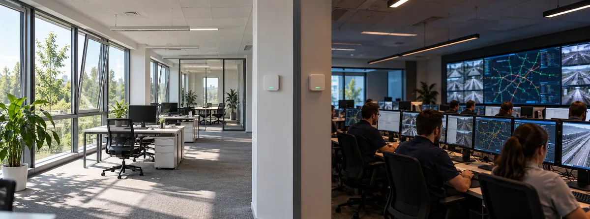 Intermittently empty office contrasted with a continuously occupied control room