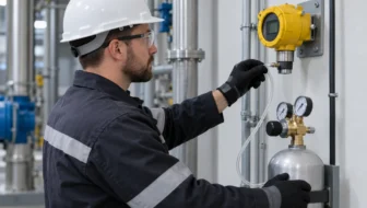 Technician carrying out a controlled gas detector calibration check