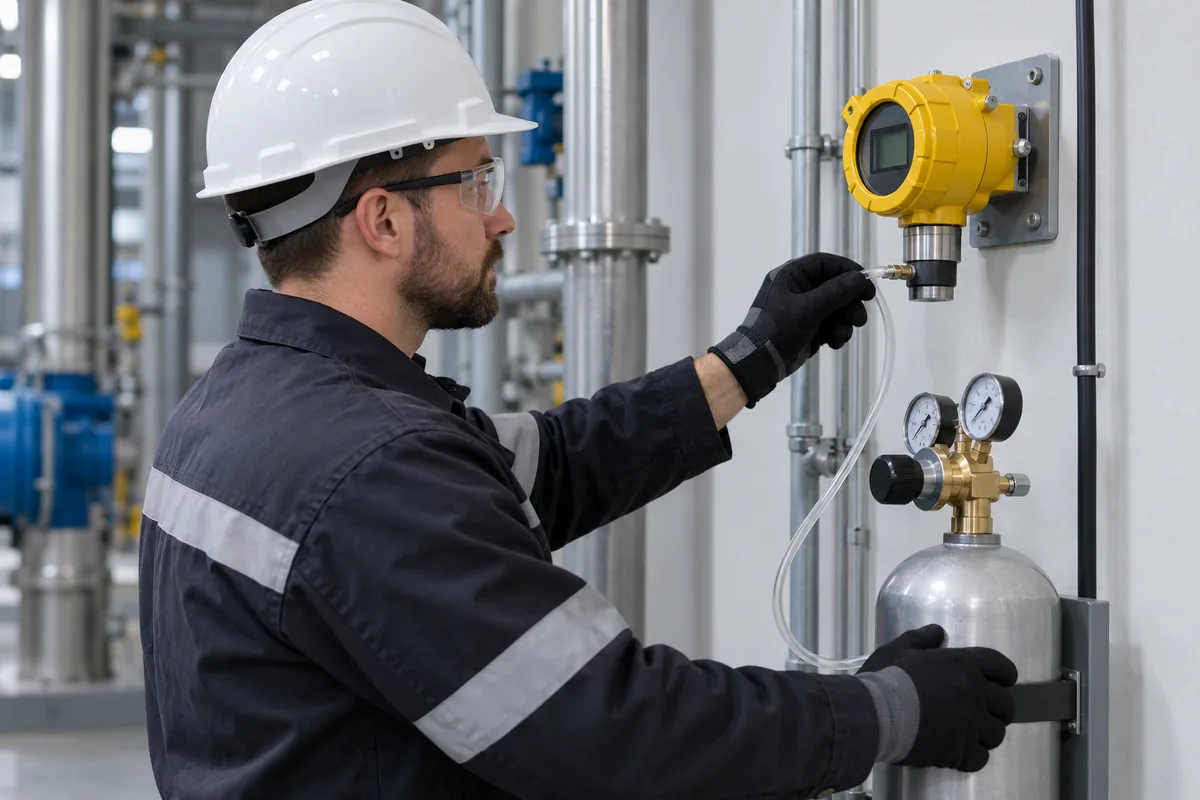 Technician carrying out a controlled gas detector calibration check